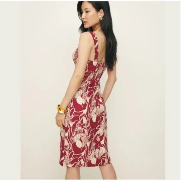 Reformation Thea Linen Dress in Las Dalias Floral Red Cream Dress 4 - Picture 3 of 8